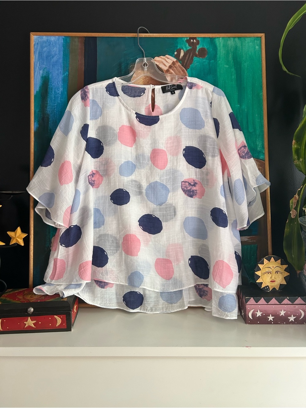 Red Coral Womens Small White Pink Blue Polka Dot Layered Blouse Boho Artsy Top - Picture 14 of 16